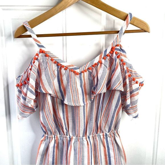 Moon River Ruffle Coral Stripe Cold Shoulder Pom Pom Vacation Romper Size Small - Picture 5 of 12